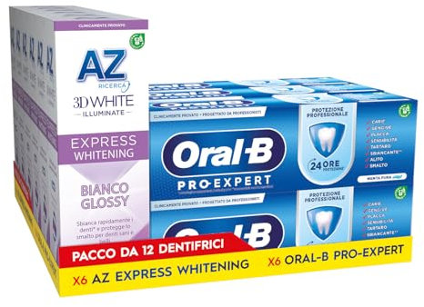 AZ Dentifricio 3DWhite Illuminate Express Sbiancante + Oral-B Pro Expert 24 Ore di Protezione, Maxi Multipacco, Confezione da 12 Dentifrici (6x50ml + 6x75ml)