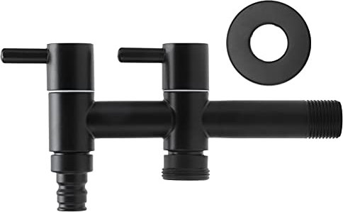 Doppel Wasserhahn 1/2 Wandmontage Kaltwasserhahn Schwarz Wasserhahn aus Edelstahl für Waschmaschine Mopp Pool Garten Bad