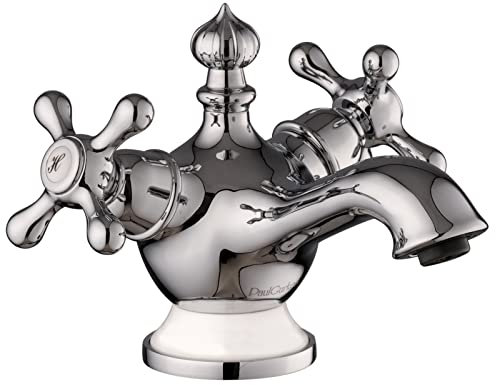 PaulGurkes Waschtischarmatur Retro Antik Zweigriffmischer klein, Messing verchromt, Keramiksockel 6,5 cm, stehend, für Waschbecken im Badezimmer
