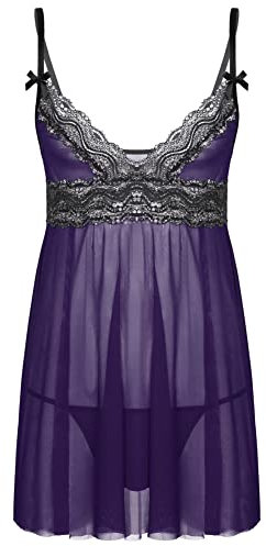 CHICTRY Vestaglia Uomo Rete Trasparente Chemise Biancheria da Notte Pigiama Erotico Perizoma Slip Camicia da Notte Sissy Lingerie Crossdresser Biancheria Intima Sleepwear Viola L