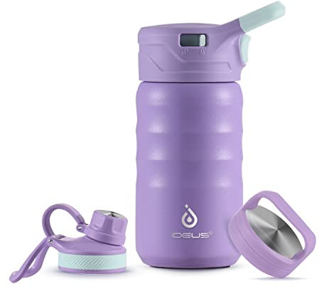 IDEUS Insulated Water Bottle 360ml/12oz, Stainless Steel Water Bottle for School, Insulated Bottles with Straws Leakproof, Vacuum Double Wall Water Bottles for Boys and Girls with 2 Lids, BPA Free