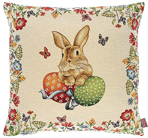 Hossner Bunny Kissenhülle 45x45 cm Ostern Gobelin Kissenbezug Gobelinkissen Osterkissen Landhaus, Beige, Bunt