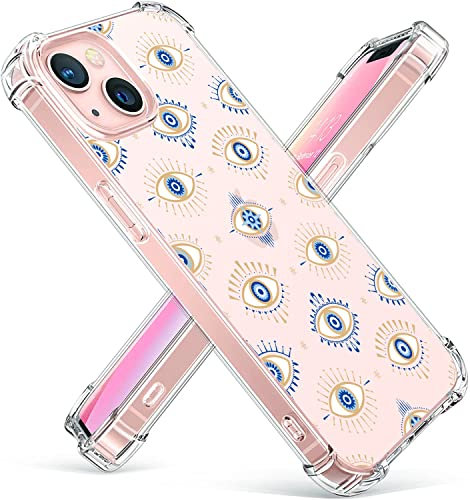 WGXQMC for iPhone 13 Clear Case with Evil Eye Pattern Soft & Flexible TPU Anti-Yellow Shockproof Transparent Bumper Protective Cover for iPhone iPhone 13 6.1 inch 2021 Release -Evil Eye Gold