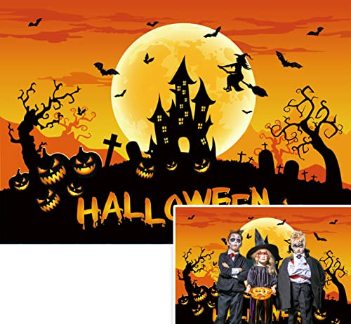 Halloween Background Big Moon Scary Pumpkin Photography Backdrop Witch Castle Bat Decoration Horror Party Banner Studio Props (7x5ft)