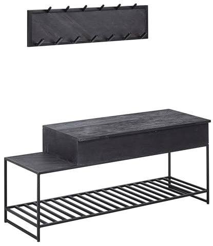 FineBuy Sitzbank mit Wandgarderobe Schwarz Mango Massivholz Schuhbank 110 cm, Design Garderoben-Set Industrial Flur, Garderobenbank mit Stauraum und Schuhregal, Flurbank mit Sitzfläche
