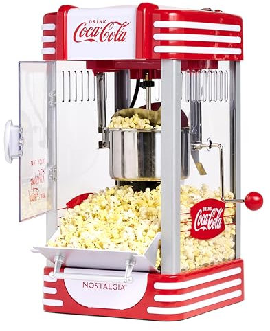 Coca-Cola Hervidor de palomitas de maíz de 2.5 onzas, hace 10 tazas, diseño clásico retro con luz interior, cucharas medidoras y cuchara