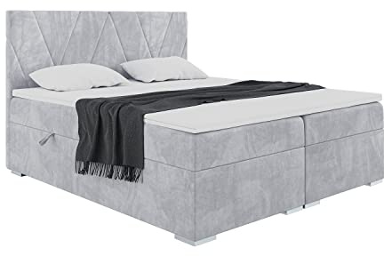 MEBLINI Boxspringbett mit Bettkasten - Gepolstert Doppelbett mit Matratze und Topper - Polsterbett mit Stauraum - Bett mit Kopfteil - Stauraumbett - Lara - 200x200 - H4/Hellgrau Samt