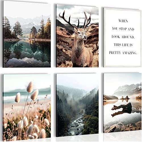 Novart Wandbilder - KEIN EXTRA RAHMEN BENÖTIGT - Wohnzimmer Schlafzimmer - Bilder Modern Wald Hirsch - Natur Berge - N013265a