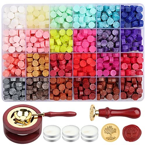Xiangmall Wachssiegel Stempel Set 600 Stück Siegelwachs Perlen Bunt Wachssiegelperlen mit Siegelstempel Vintage Teelichte Siegelwachswärmer und Schmelzlöffel für Hochzeit Einladung