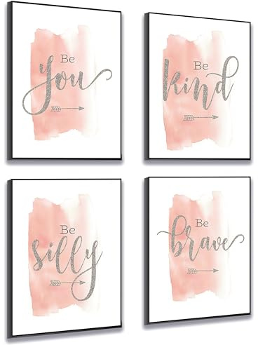 Set of 4 Teen Girls Wall Art Canvas Painting Be You Inspirational Quote Print Blush Grey Wall Picture Nordic Poster for Woman's Bedroom Decor Home Living Room