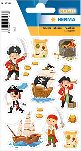 HERMA 15536 Aufkleber Piraten klein, 16 Stück, Piratenschiff Sticker mit Schatztruhe Schatzkarte Motiv, Kinder Etiketten für Fotoalbum Poesiealbum Scrapbooking Geburtstag Dekoration Briefe DIY Basteln