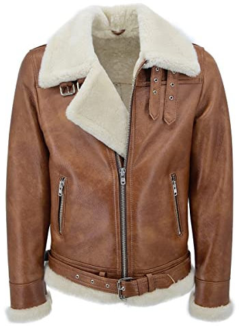 Hollert Herren Lammfelljacke James Kastanie/Creme Felljacke Winterjacke Lederjacke Bomberjacke Fliegerjacke warm Merino Schaffell Größe L