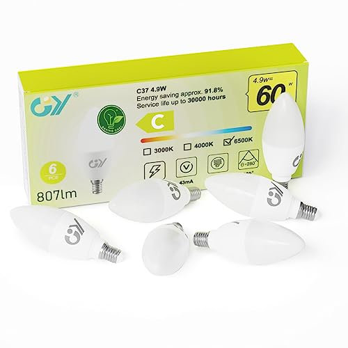 GY Ampoule LED E14 4,9W (équivalent 60W), 807 lumens 6500K Blanc Froid, C37 Ampoule E14 Efficacité Energétique, E14 LED Non-Dimmable, Lot de 6