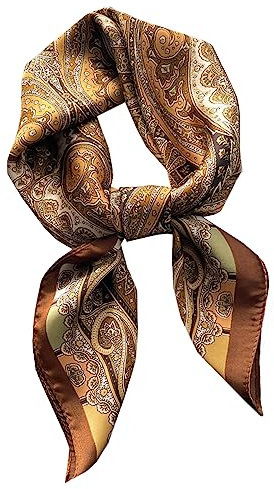 WENLOOY Square Satin Silk Feeling Hair Scarf Headscarf for Women/Men's Necktie Silk Bandanas Pocket Square, 30715-paisly Golden, Medium