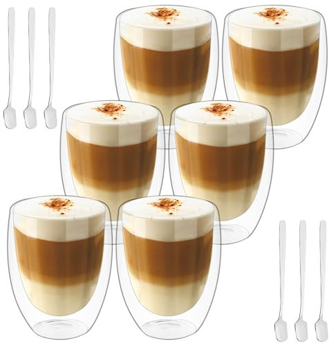 6x350ml Double Walled Glass Coffee Mugs with Spoon, Heat Resistant, Clear Double Glass Coffee Cups for Cappuccino Latte Tea Juice Milk Ice Cream
