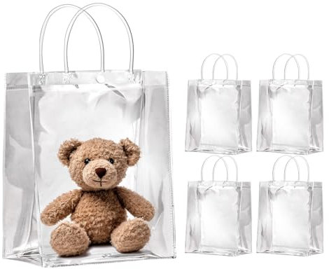 OfficeCastle 10 Stück mittelgroße transparente Geschenktüten mit Griffen, wiederverwendbare Einkaufstaschen für Partys, Festivals und Hochzeiten (20 x 10 x 28 cm)