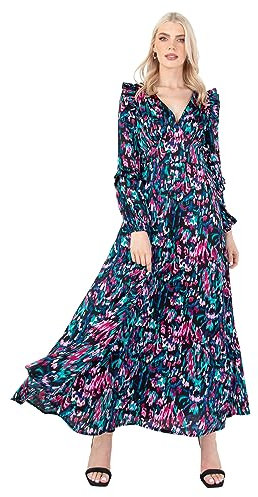 Lovedrobe Women's Ladies Maxi Dress V-Neckline Puffed Long Sleeve Frill A-line Wedding Guest Prom Party Evening Occasion Cocktail Dress, Black