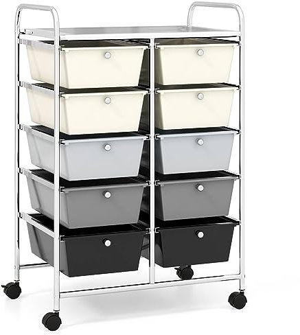 COSTWAY 10 Drawers Storage Cart, Multipurpose Mobile Organizer Shelving Unit with Handle, Removable Drawers & Lockable Wheels, Utility Rolling Trolley for Home Office Beauty (Gradient Grey)