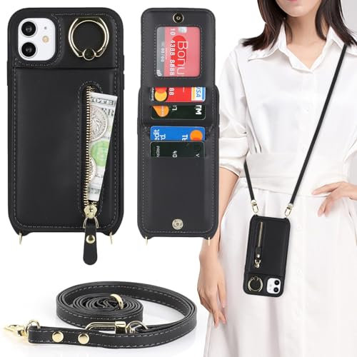Zouzt for iPhone 11 Case with Cord and Card Holde, Zipper Wallet Case with Crossbody Lanyard Ring Adjustable Necklace Protective Cover Women for iPhone 11 6.1 Inch - Black