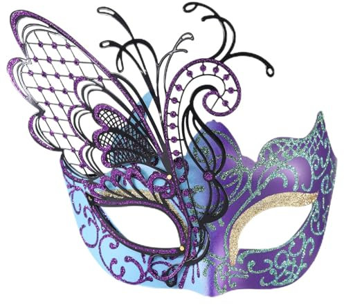 Ubauta Venezianische Frauenmaske mit Schmetterlingen, Strass, Metall, für Maskerade/Karnevalsparty/sexy Kostümball/Hochzeit (blau-violetter Schmetterling)
