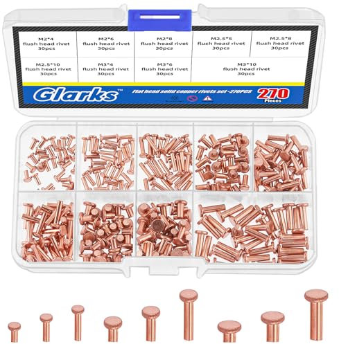 Glarks Lot de 270 rivets solides à tête plate M2 M2,5 M3, 9 tailles en métal et cuivre massif pour applications électriques, fournitures de travail du cuir