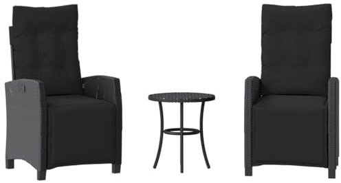 vidaXL Bistro Set mit Kissen 3-TLG., Gartensessel mit Verstellbarer Rückenlehne Fußstütze, Bistroset mit Stahlrahmen, Bistrotisch Bistrostuhl, Schwarz Poly Rattan