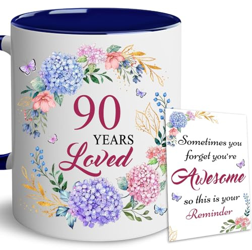 LOTWATEGO 90th Birthday Mug - 11oz Navy Ceramic - 90 Years Loved - Gifts For Women Turning 90 - Mom, Grandma, Aunt, Sister - Accent Navy