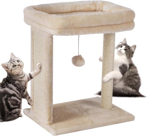 SYANDLVY Kleiner Kratzbaum für Wohnungskatzen Kratzbrett mit Liegeplattform | Kratzstamm für kleine Katzen (Beige)