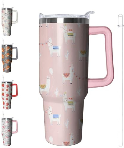 Kearscupra 40 oz Llama Tumbler with Handle and Straw, Alpaca Insulated Stainless Steel Cup with Lid, Travel Coffee Mug Water Bottle, Animal Lovers Women Gifts