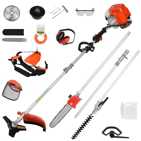 52cc 5 in 1 Garden Multi Tool - Grass Trimmer, Brush Cutter, Pole Saw, Hedge Trimmer, Extension Shaft, Long Reach Strimmer (Orange)