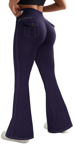 STARBILD Schlaghose Damen Sport Leggings Flared, High Waist Yogahose mit Klappentaschen Blickdicht für Fitness Gym Alltag, Cargotasche - Blau XL