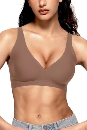 Vertvie Bras for Women Non Wired Deep V Seamless Wireless Push Up Bra Comfort Plunge T Shirt Soft Support Full Coverage Everyday Bralettes(Coffee,Medium)