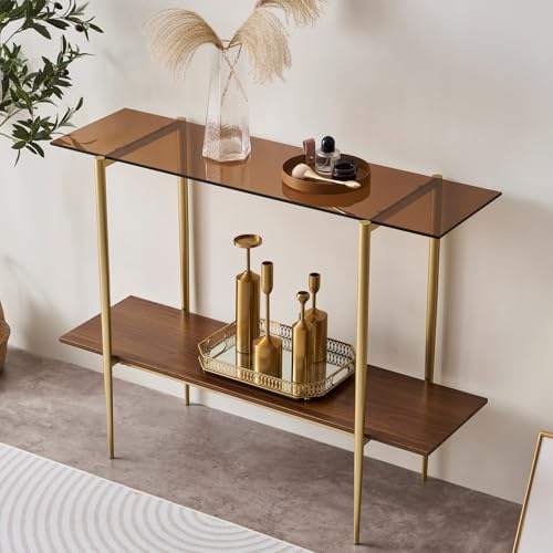 LumFurn Table console rectangulaire au design moderne du milieu du siècle, 41 x 32,5 cm (L x l x H), pour salon, hall d'entrée et entrée, plateau en verre ambré et étagère en MDF en noyer, pieds en