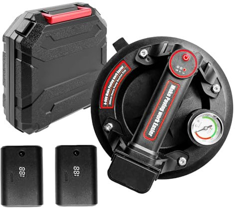 DURDUR 8 Saugheber Akku Fliesenheber mit Manometer 250KG|Akku x2,Elektrischer Saugheber Tragkraft,Dreigiges Pad Vakuum Glasheber für Transport von Aquarium,Fliesen, glas,Platten