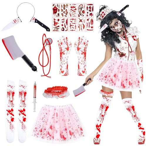 HUIKUANGEU Infirmière Zombie,Deguisement Infirmiere Zombie,Karneval Blut Kostüm Damen Set,Tutu-Röcken,Déguisement D'infirmière Zombie,Costume D'infirmière D'halloween,Costume Halloween Femme Fête