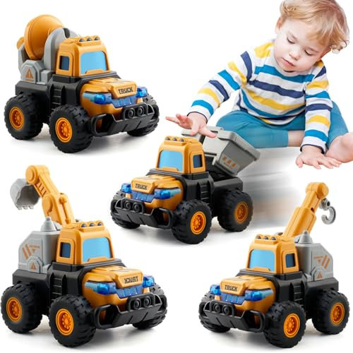 Toyssa Auto Spielzeug 2 3 Jahre mit Bagger Kipplaster Kran Betonmischer, Drücken und Los Baustellenfahrzeuge Kinder Baustelle Kinder Geburtstag Weihnachten Geschenk für Jungen Kinder 3 4 5 6 Jahren
