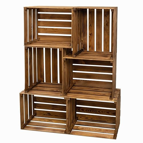 PINEEA Holzkisten Groß - Obstkisten Holz - Deko Weinkisten - 6 Stück Geflammt Vintage Holzbox 50x40x30