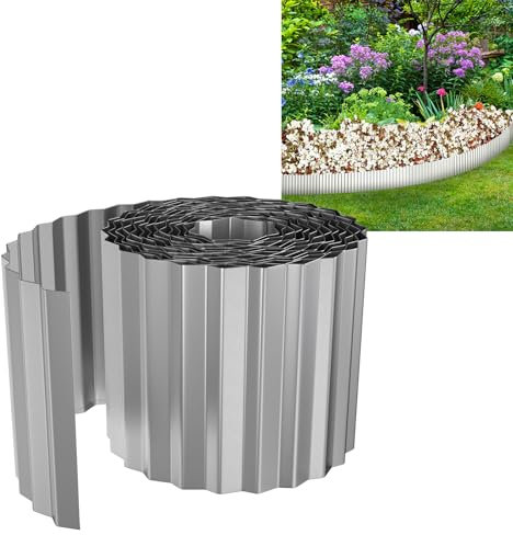 YUENFONG Flexible Rasenkante Beeteinfassung 5m Metall Verzinkt, Beetumrandung Beetabgrenzung Gartendekorativ, 15 cm Höhe Palisade Mähkante, 500 cm x 15 cm, Silber
