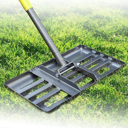 Lawn Levelling Rake, 43 x 25 cm Adjustable Heavy Duty Level Lawn Tool with Curved Edge, 182cm Long Handle Lawn Leveler Anti Flipping, for Soil, Dirt,Ground,Backyard Top Dressing,Landscaping/Yellow