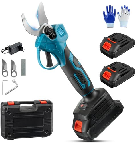 Secateur Electrique Sans Fil pour Makita, avec 2 * 2000 mAh Batterie, Diamètre de Coupe de 15-30 mm Coupe Branche, Ciseaux Electrique, Outillage de Jardin (Bleu avec Batterie)
