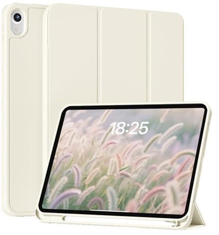 ZKTUYU Coque pour iPad (A16) 11ème Génération 11 (2025)/iPad 10ème Génération 10,9 (2022), avec Porte Pencil, Mince Légère à Trois Volets, Réveil/Sommeil Auto (Blanc crémeux)