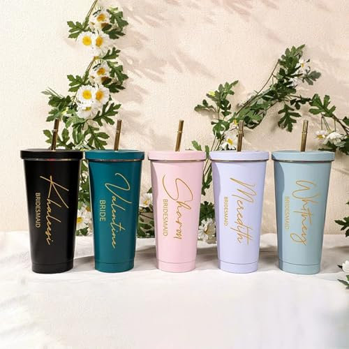 Keruidian Vaso personalizado de 750 ml con tapa y popote, de acero inoxidable, aislado, regalo de viaje, despedida de soltera, regalo de viaje (nombre personalizado)