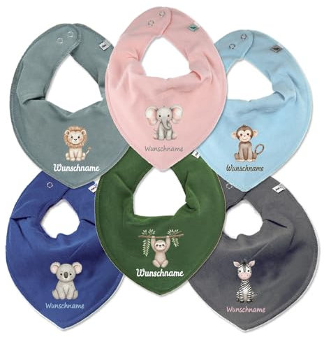 Elefantasie Personalisiertes HALSTUCH für Baby oder Kind aus Baumwolle in Einheitsgröße mit Motiv Auswahl Dschungel Tiere und Wunschname bedruckt (Dunkelgrün)