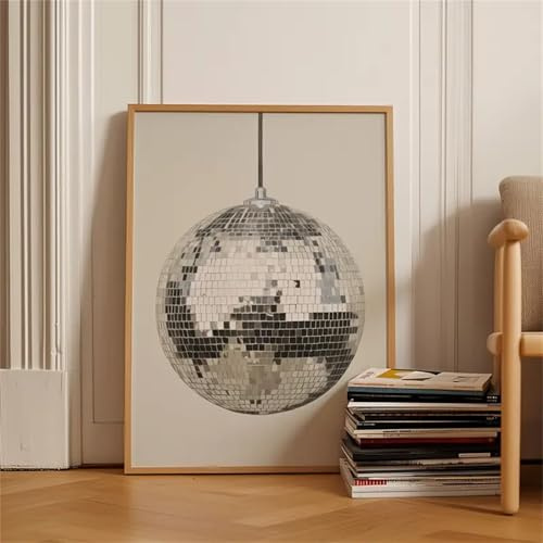 1pcs Silber Funkelnd Discokugel Poster - Vintage Leinwand Kunst, Leinwandbilder, Moderne Wandbilder, Bilder Wohnzimmer Deko Schlafzimmer Mit Rahmen (40x50cm)