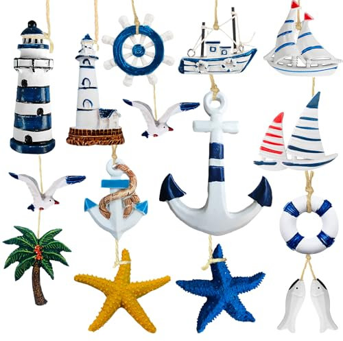 Ftrule 15 Pcs Maritime Anhänger Nautische Deko, Maritimes Dekorationsset, Maritime Anhänger, Dekoanhänger Set, Seestern Boot Fisch Kokospalme, für Fischernetz Deko Wanddekorationen