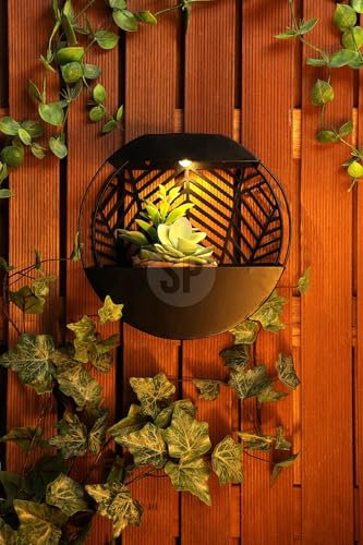Jack Stonehouse JSH Solar LED Garden Wall Planter Lamp | Hexagonal or Round Iron Lattice Lantern Light | Outdoor Decorative Porch Patio Fence Decor Lighting (Round)