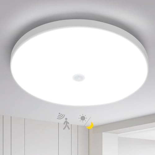 Great Jacob LED Deckenleuchte mit Bewegungsmelder Dämmerungssensor 18W Deckenlampe 2430lm 6500K Weißlicht, Ø25,2cm – Ideal für Flur, Treppenhaus, Eingangsbereich