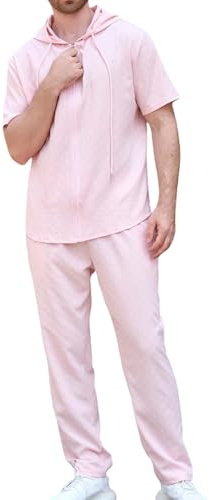 Duohropke Survêtement pour homme - Jacquard tendance - Léger - 2 pièces - Survêtement d'été - Sweat à capuche et pantalon - Grandes tailles - Combinaison d'été fine - Loisirs, Rose, XL