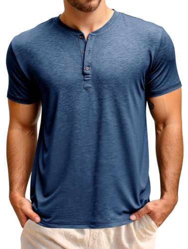 Runcati Herr T-shirt kortärmad Henley-skjorta sommar regular fit toppar män rund hals enfärgad basic skjorta casual t-shirt toppar med knappslå