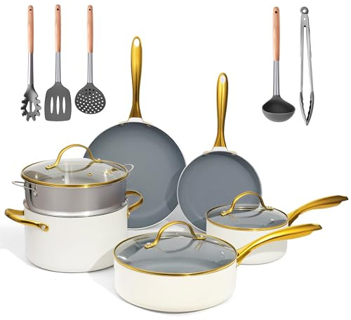 OUBRL Keramik KochSet, gesund, Töpfe und Pfannen Set mit Deckel, antihaftbeschichtet(ohne PFAS, PFOA),Küchen，Induktions，Backofenfest，Geschirrspüler，Beige/Weiß Gold (Creme, Grau, Gold)